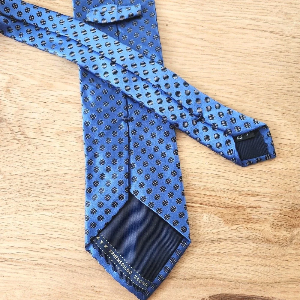 Ermenegildo Zegna Blue Silk Tie Black‎ Polka Dot Pattern Necktie Men's